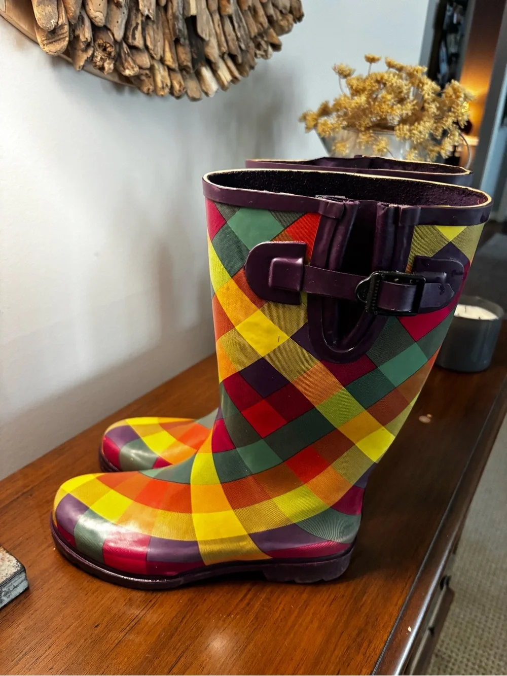 Women’s Merino Colorful Plaid Rain Boots weatherproof rainy day Size 8